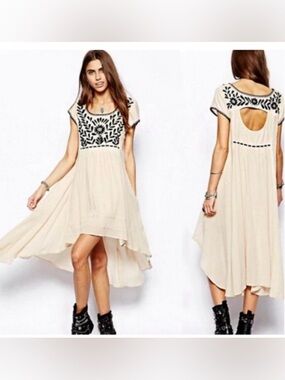 Free People Marina Embroidered High-Low Boho Dress in Cream Black Large